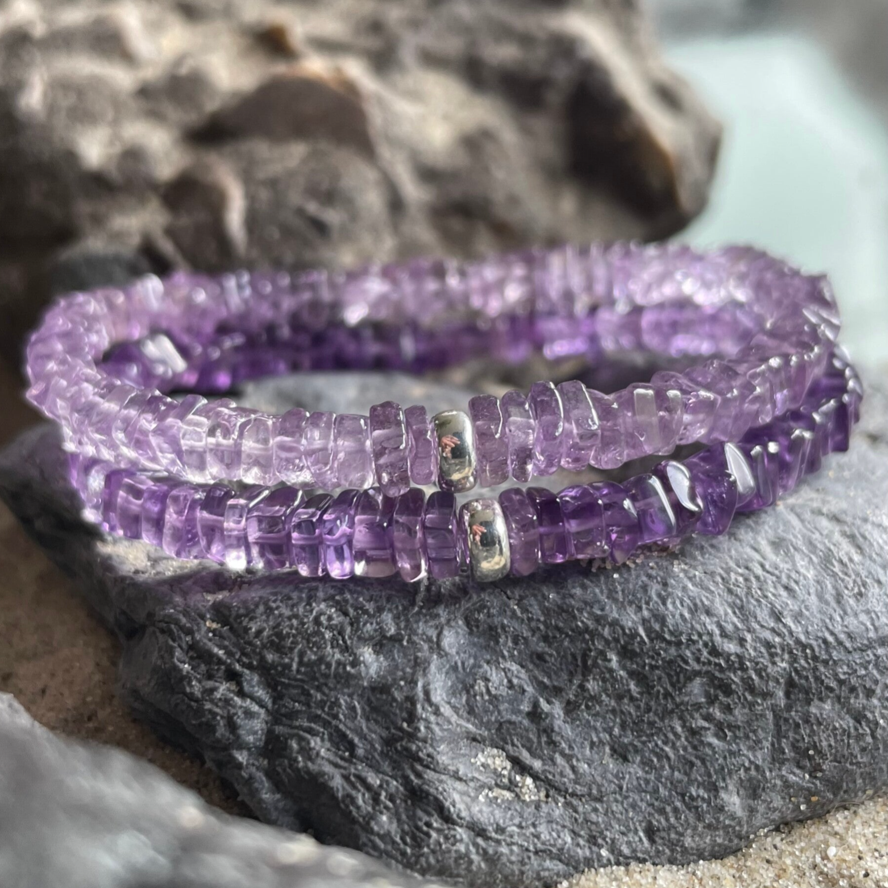 LAVENDEL-AMETHYST Edelstein Armband | 925 Sterling Silber | 5 mm Heishi-Perlen | QUICKLEBENDIG HELL