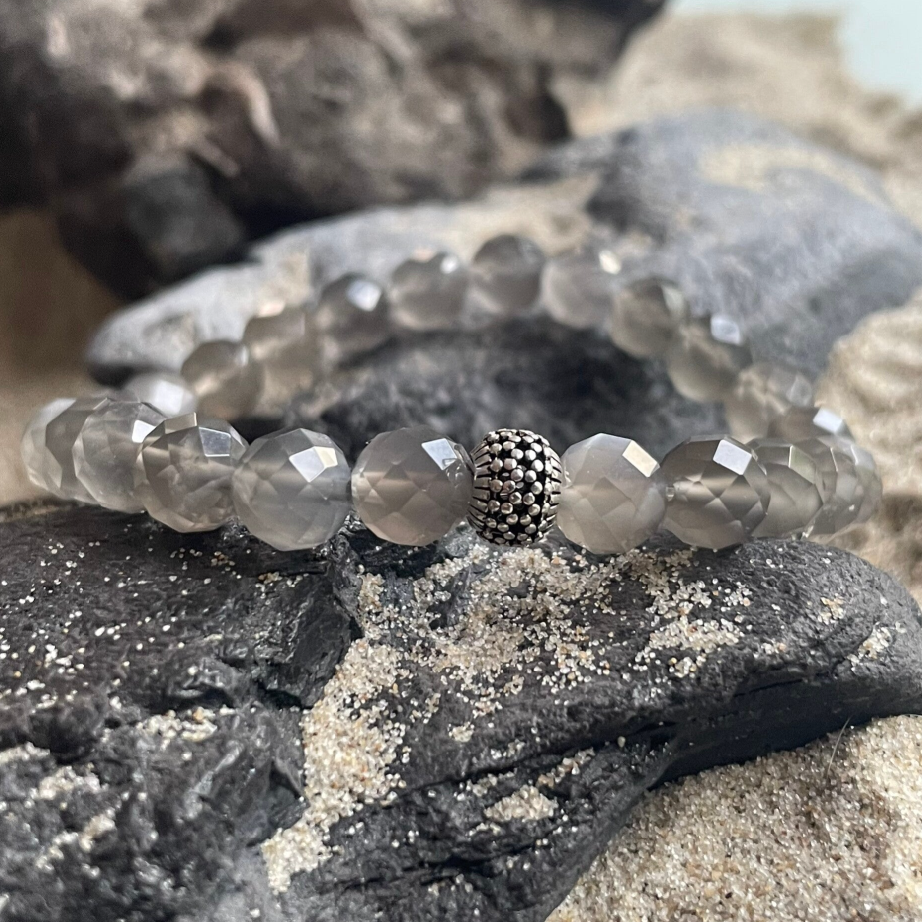 MONDSTEIN Edelstein Armband | handgefertiger Schmuck | 925 Sterling Silber Perle Blumen | 8 mm | MONDLEUCHTEN