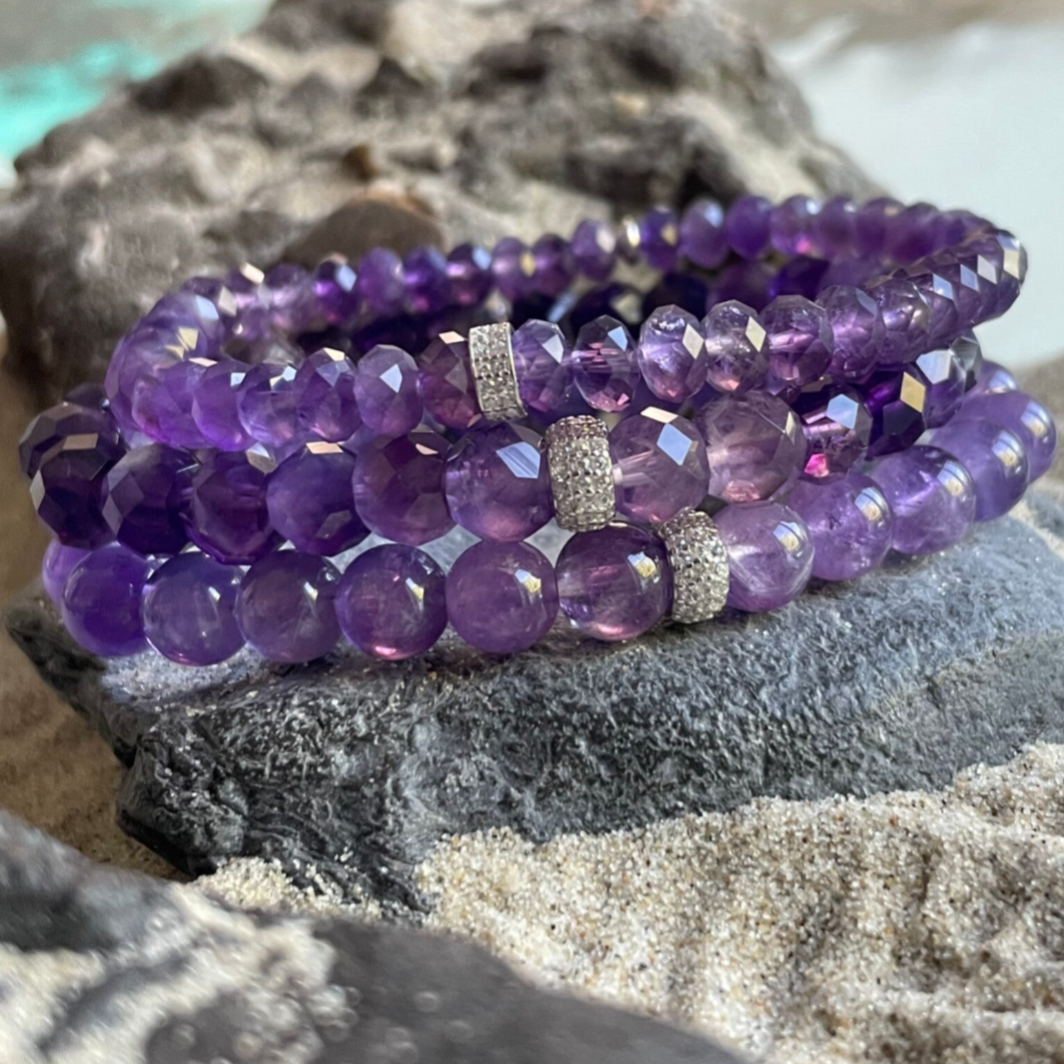 AMETHYST Edelstein Armband | handgefertigter Schmuck | 925 Sterling Silber Micro-Pavè-Zirkonia | 6,5 mm Rondelle | GRILLENGESANG SPARKLE