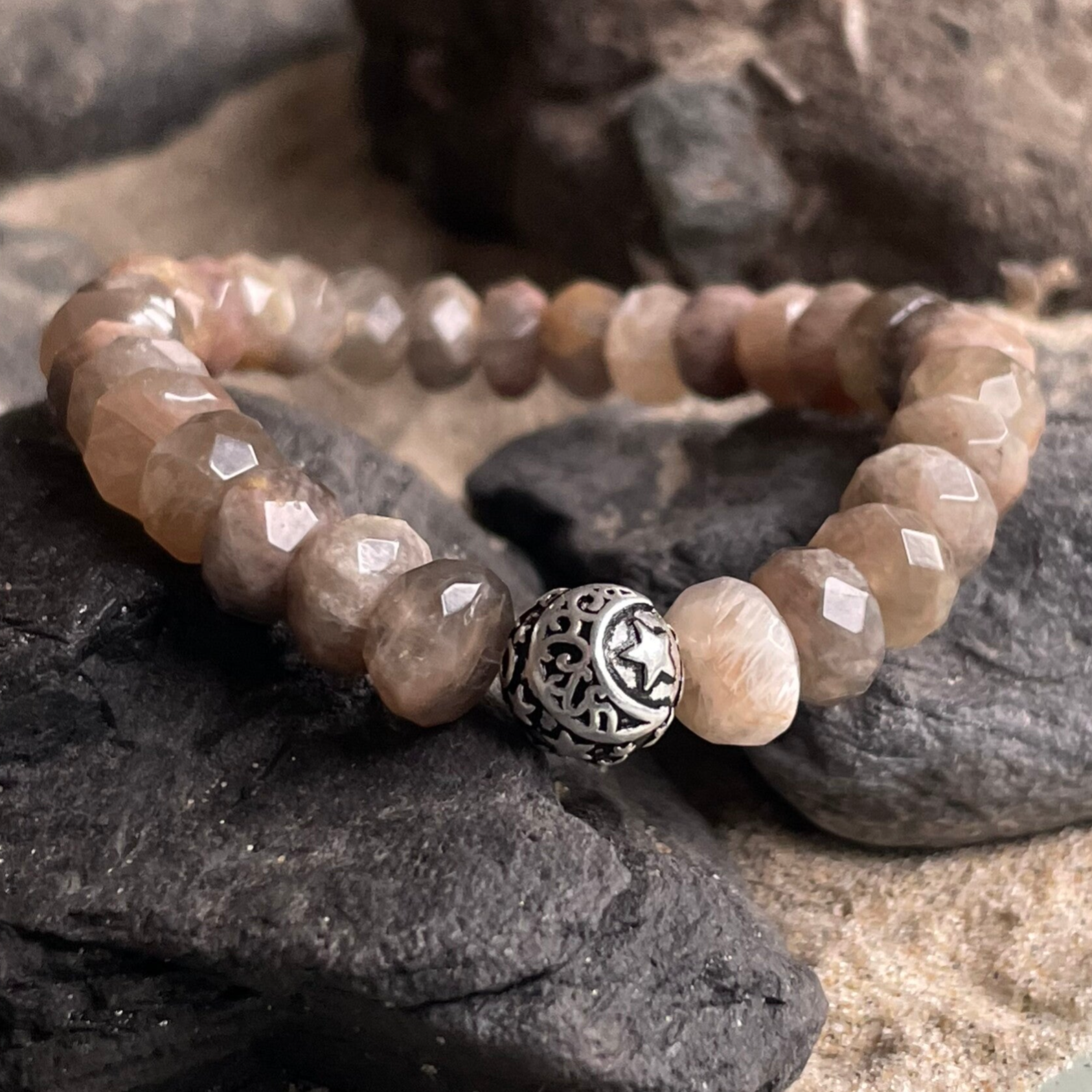 SONNEN- & MONDSTEIN Edelstein Armband | 925 Sterling Silber  | ca. 9-10 mm | STERNGEFUNKEL SONNE, MOND & STERNE