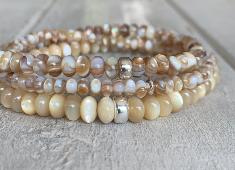TROCHUSMUSCHEL Armband | Heishi Naturmuscheln 5 mm | 925 Sterling Silber oder Karen Hill Fisch | KITE-55