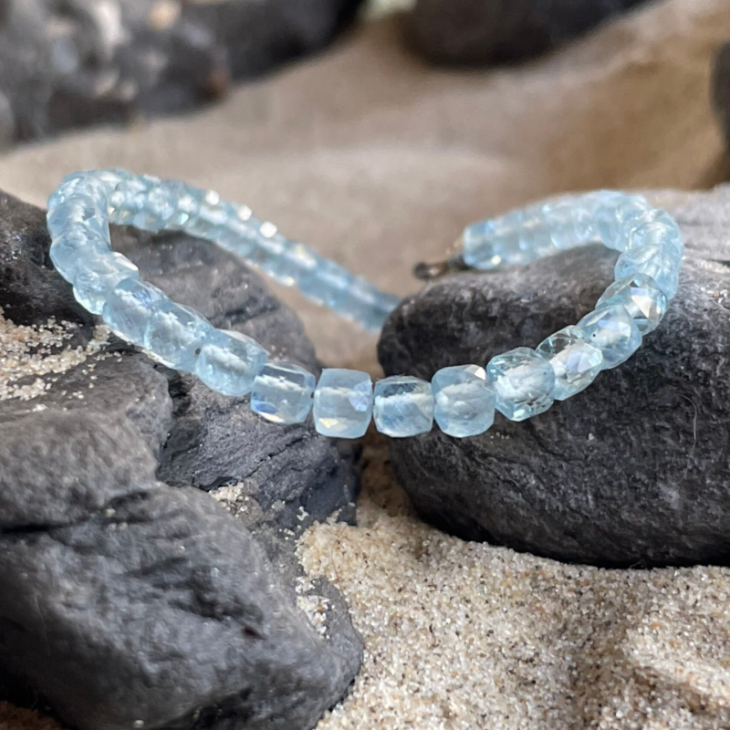 AQUAMARIN Edelstein Fußkettchen | 925 Sterling Silber | 4 mm | herausragend brillante Qualität! | WELLENRAUSCHEN mit Verschluss