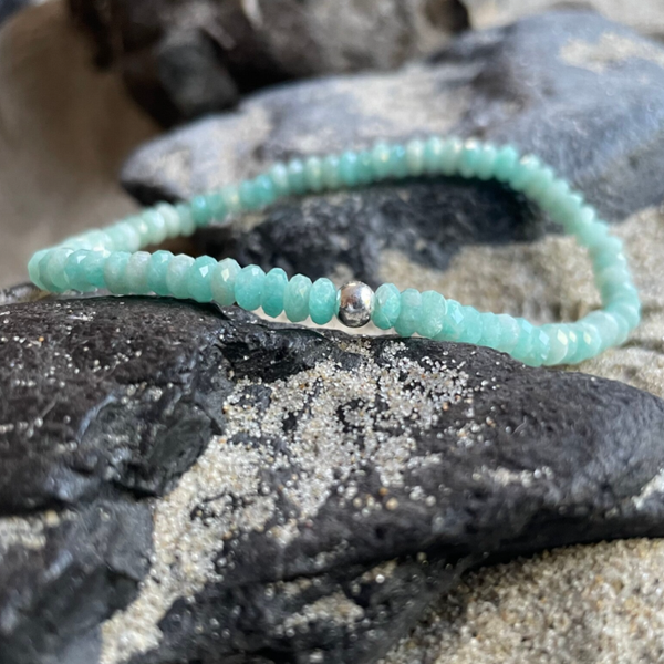 AMAZONIT Edelstein Armband | minimalistischer Schmuck | 925 Sterling Silber Perle | 4 mm | TIEFSEEGRÜN