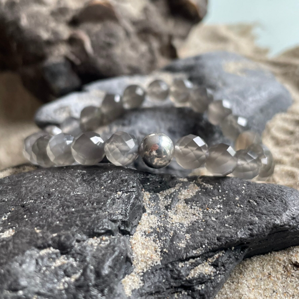 MONDSTEIN Edelstein Armband | handgefertiger Schmuck | 925 Sterling Silber Perle schlicht | 8 mm | MONDLEUCHTEN