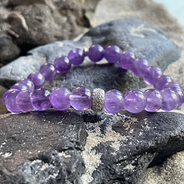 AMETHYST Edelstein Armband | handgefertigter Schmuck | 925 Sterling Silber Micro-Pavè-Zirkonia | 8 mm rund | SEELENGLÜCKLICH SPARKLE