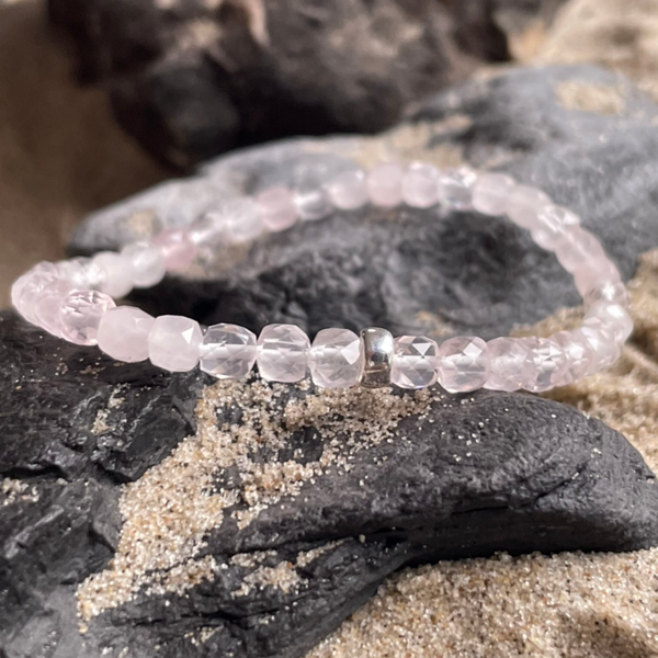 ROSENQUARZ Edelstein Armband | handgefertigter Schmuck | 925 Sterling Silber | ca. 4 - 4,5 mm | quadratisch | ROSENFLÜSTERN