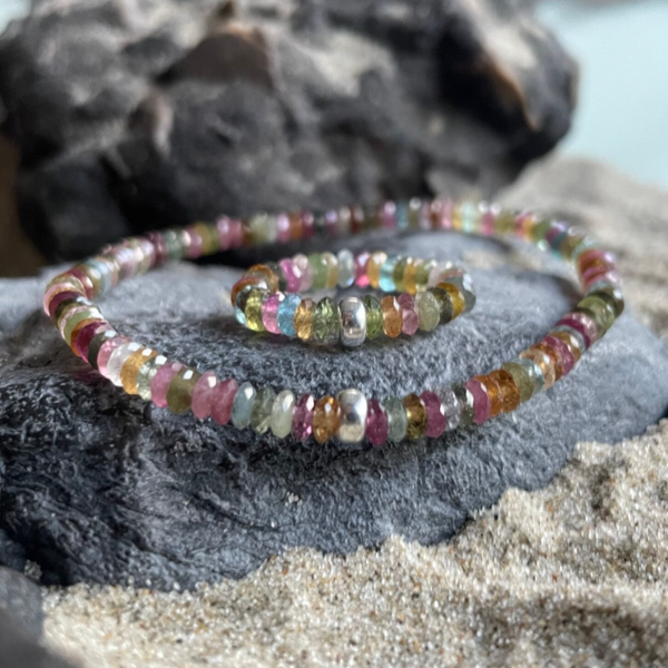 TURMALIN Edelstein Armband | handgefertigter Schmuck | 925 Sterling Silber | 4 mm Rondelle | BLÜTENKONFETTI