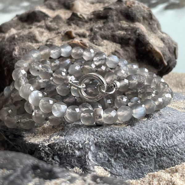 MONDSTEIN Edelstein Halskette & Armband | 2-tlg. Schmuck-Set | handgeknüpfter echter Schmuck | 925 Sterling Silber Verschluss WIRBEL RUND | 6 mm | MONDSCHIMMER
