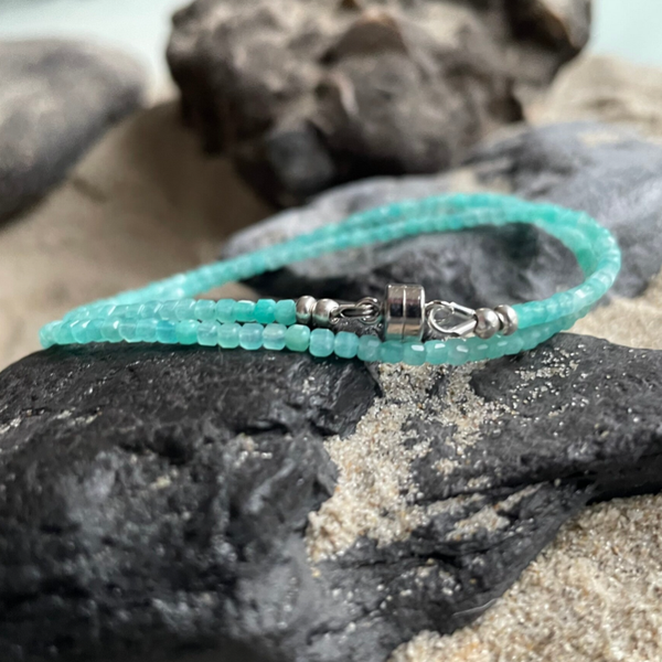 AMAZONIT Edelstein Halskette | kurzer Choker | handgefertigter echter Schmuck | 925 Sterling Silber MAGNETVERSCHLUSS | 2,5 mm quadratisch | EISVOGEL