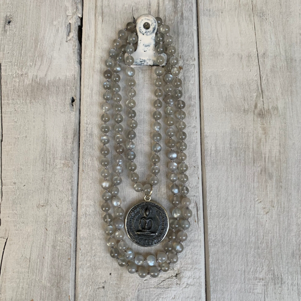 MONDSTEIN Edelstein Mala Kette | handgeknüpft | echter Schmuck | ca. 6 mm | MONDSEESCHIMMER