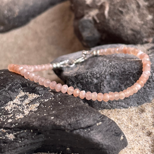 PFIRSICHMONDSTEIN Edelstein FUßKETTCHEN mit 925 Sterling Silber Verschluss | 3 mm Rondelle | PFIRSICHBLÜTE