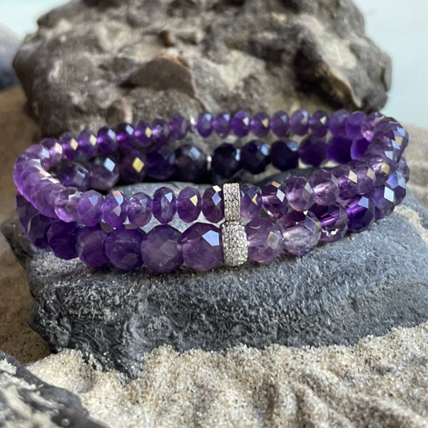 AMETHYST Edelstein Armband | handgefertigter Schmuck | 925 Sterling Silber Micro-Pavè-Zirkonia | 6,5 mm Rondelle | GRILLENGESANG SPARKLE