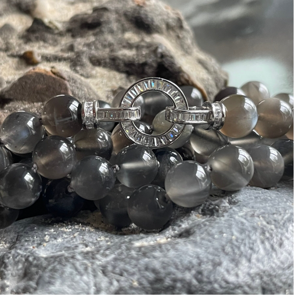 MONDSTEIN Edelstein Halskette | 925 Sterling Silber Faltverschluss Micro-Pavé und Micro-Pavè-Rondelle | handgeknüpftes UNIKAT | 8 mm | MONDNACHT