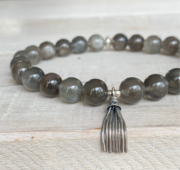 MONDSTEIN EDELSTEIN ARMBAND 8 mm | 925 Sterling Silber Quaste | MONDNACHT