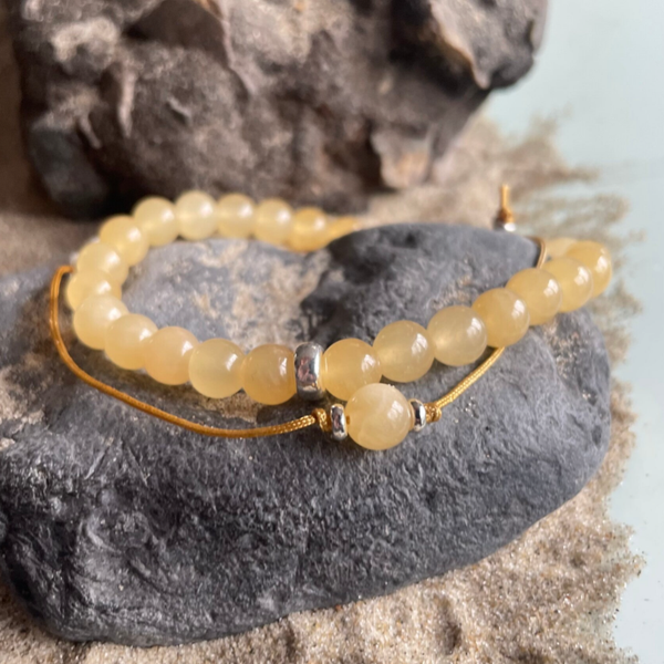 CALCIT Edelstein Armband & veganes Seidenbändchen | 2-tlg. Schmuck-Set | 925 Sterling Silber | 6 mm | SONNENDECK