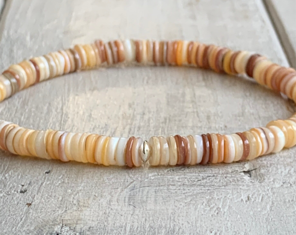 Muschel Armband | Heishi Naturmuscheln 5 - 6 mm  | 925 Sterling Silber | KITE-11