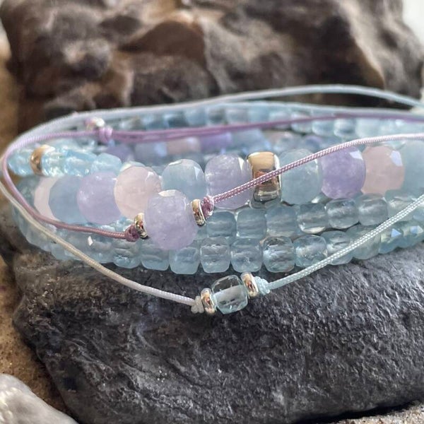 AQUAMARIN - AMETHYST - ROSENQUARZ Edelstein Armband & MITBRINGSEL | 2-tlg. Schmuck-Set | 925 Sterling Silber | 8 mm | PASTELLMALEREI