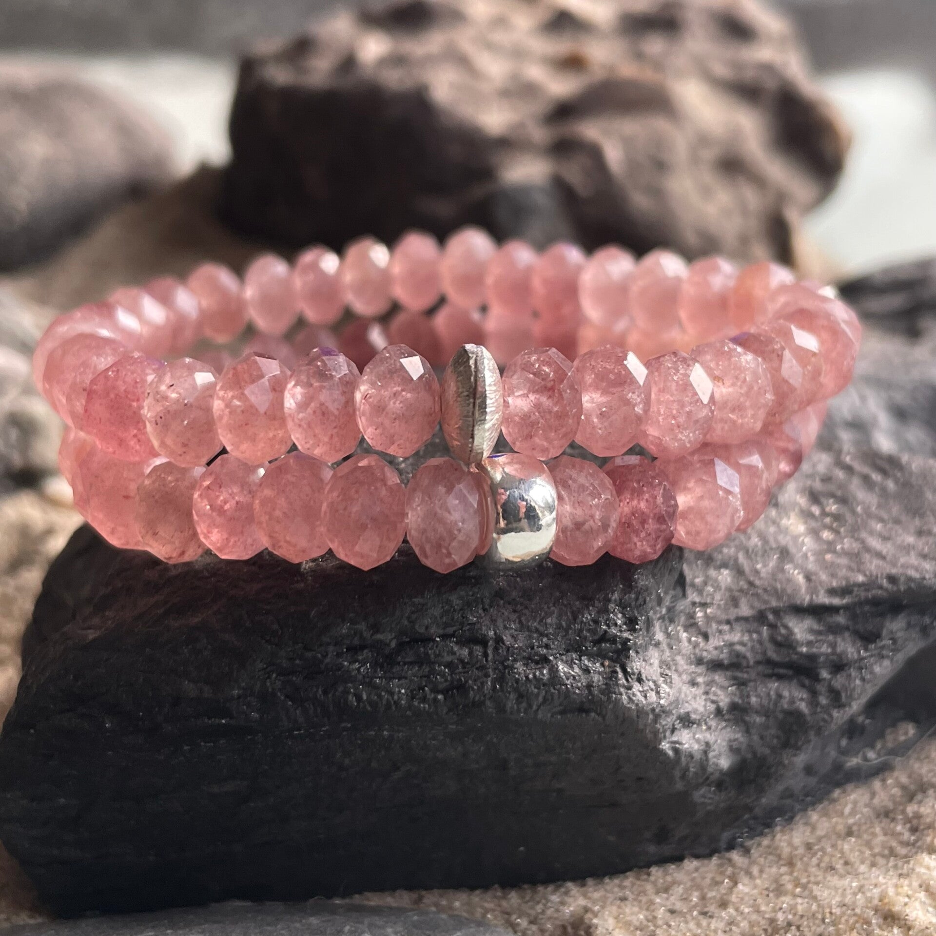 ERDBEERQUARZ Edelstein Armband | 925 Sterling Silber | 8 mm | ERDBEERDUFT