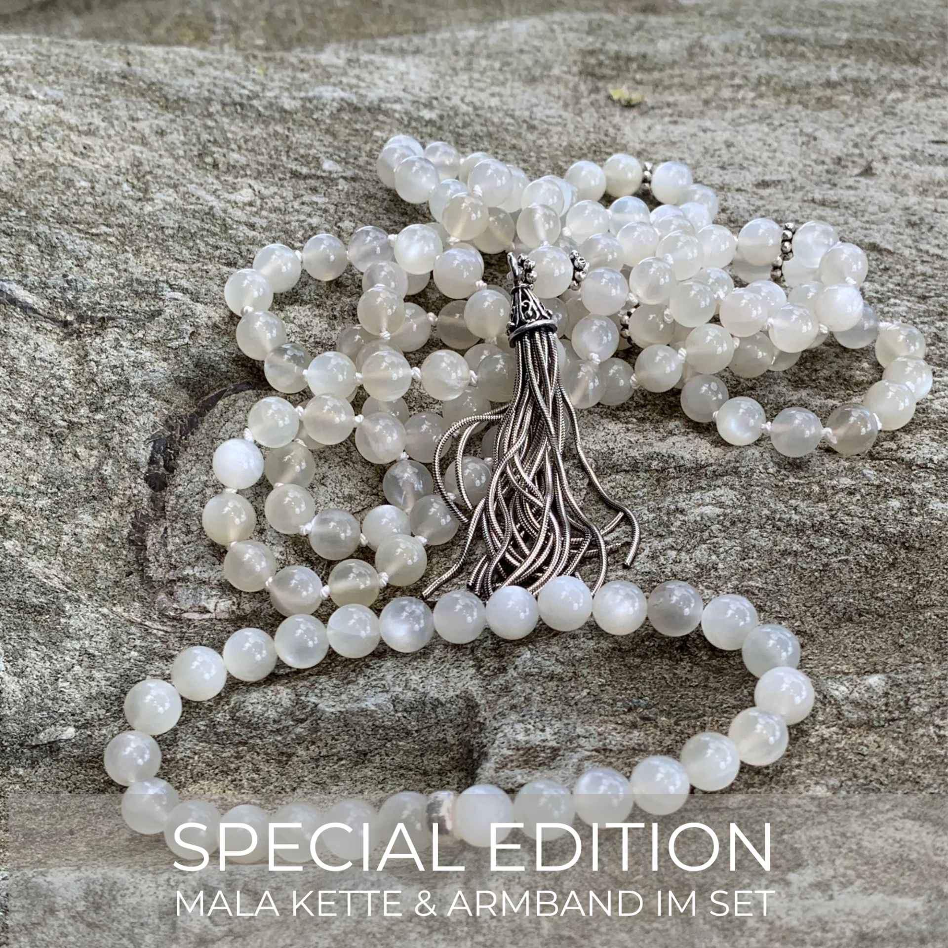 MONDSTEIN Edelstein Mala Kette & Armband im Set | Sterling Silber | VOLLMONDSCHIMMER