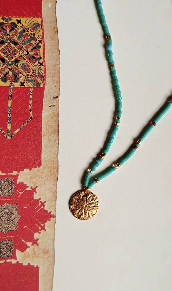 Médaille DANDY BUTTON et perles miyuki turquoise