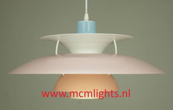 Louis Poulsen PH5 in pastel blue, pink, peach, yellow, Ø 50 cm.