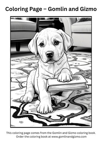 Coloring page: puppy reading a book