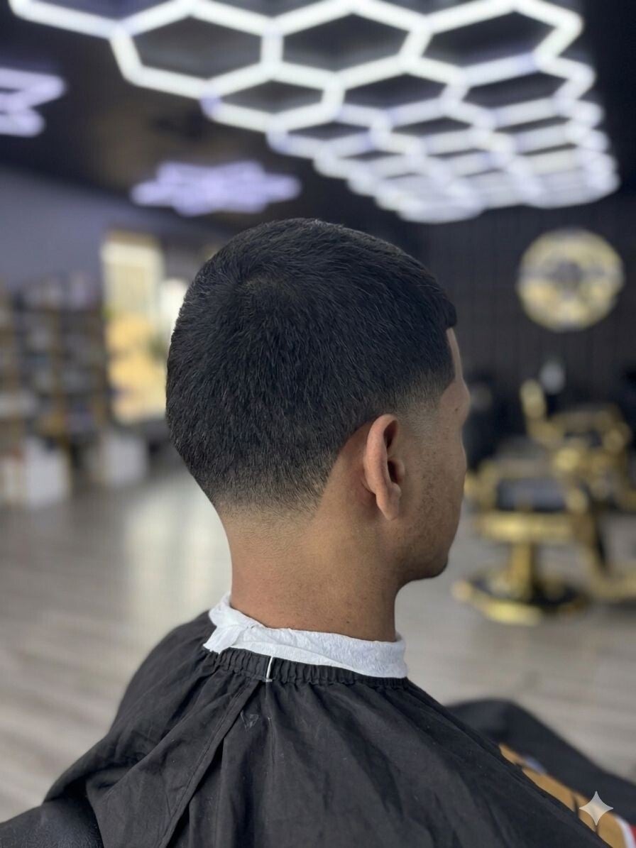 Rear view of a clean men's buzz cut with a smooth low taper fade and crisp hairline at a Windsor, Ontario barber shop.