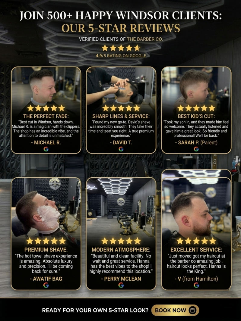Customer reviews for skin fades and men's haircuts at The Barber Co. in Windsor, Ontario. 5-star Google testimonials for precision fades, beard trims, and hot towel shaves at 2407 Dougall Ave.
