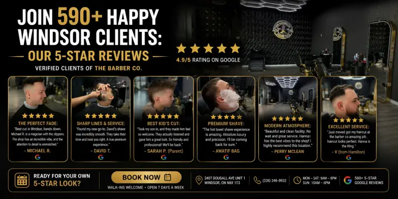 The Barber Co barber shop in Windsor Ontario with 590 plus 5 star Google reviews for fades haircuts beard trims and grooming