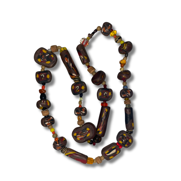 Antique Venetian Wound Glass Trade Beads Necklace – 15" Vintage African Trade Jewelry in Brown, Yellow & Red