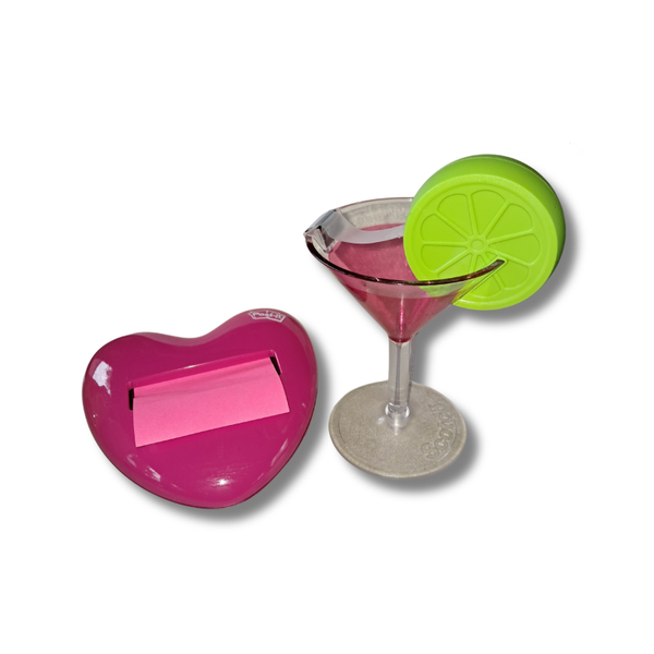Cosmo Martini & Pink Heart Post-It Notes Holder + 3M Scotch Magic Tape Dispenser – Fun & Functional Desk Set – 2000s Office Decor