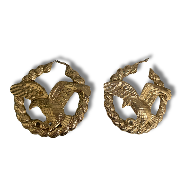 Vintage Gold Tone Pilot Eagle & Bamboo Rope Hoop Earrings – 3.5" Aviation-Inspired Statement Jewelry