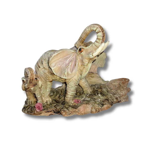 Set of 2 Matching Elephant Figurines – Mama & Baby with Tree & Flowers
