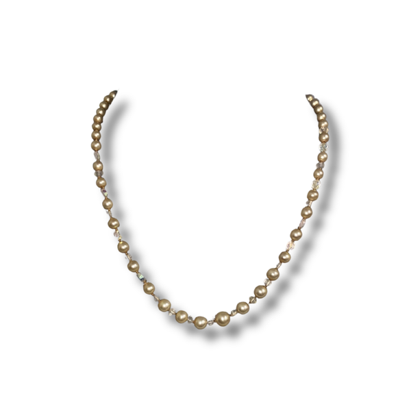 Vintage Faux Gold Yellow Pearl Necklace – 11" Iridescent AB Crystal Beads with Hook Clasp