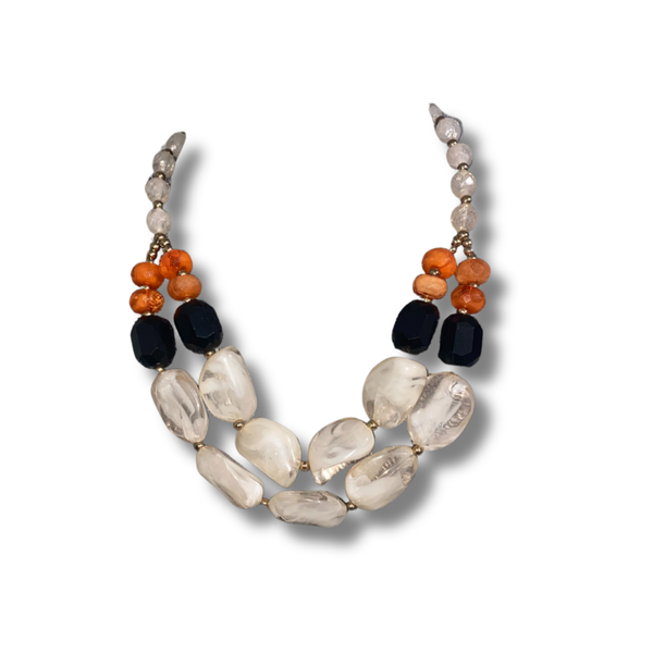 Vintage Two-Strand Chunky Marbled White Beaded Necklace – 12" Retro Costume Jewelry