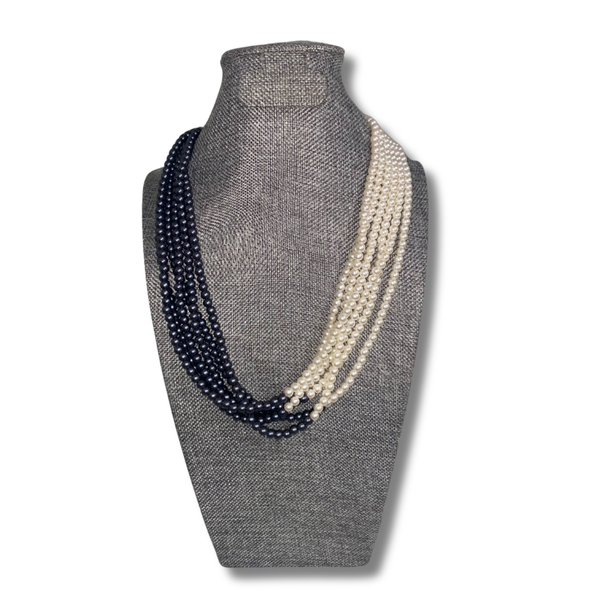 Elegant 6-Strand Black & White Pearl Necklace – Vintage Handmade Jewelry with Gold Closure