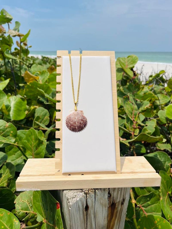 Large calico scallop seashell necklace