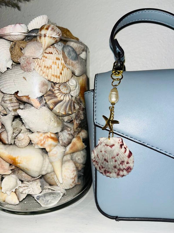 Grey & Pink scallop seashell bag charm