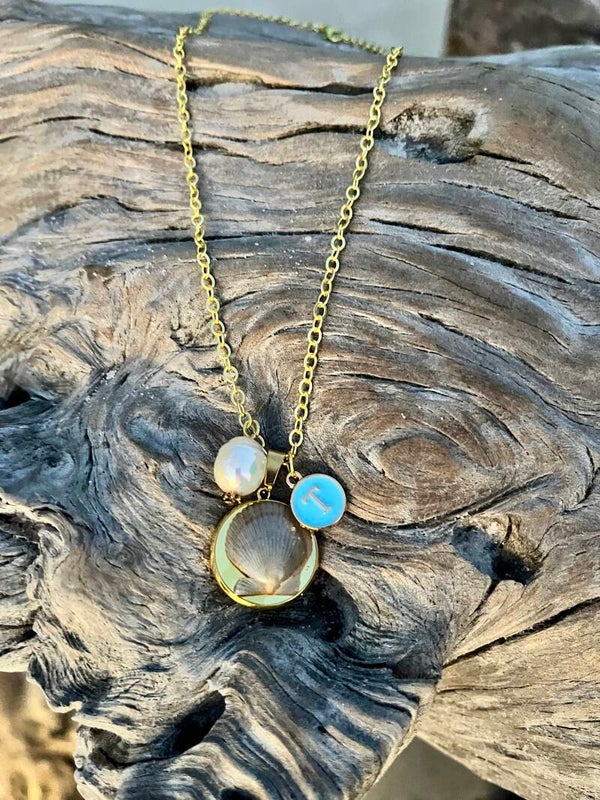 Dark grey scallop seashell epoxied necklace