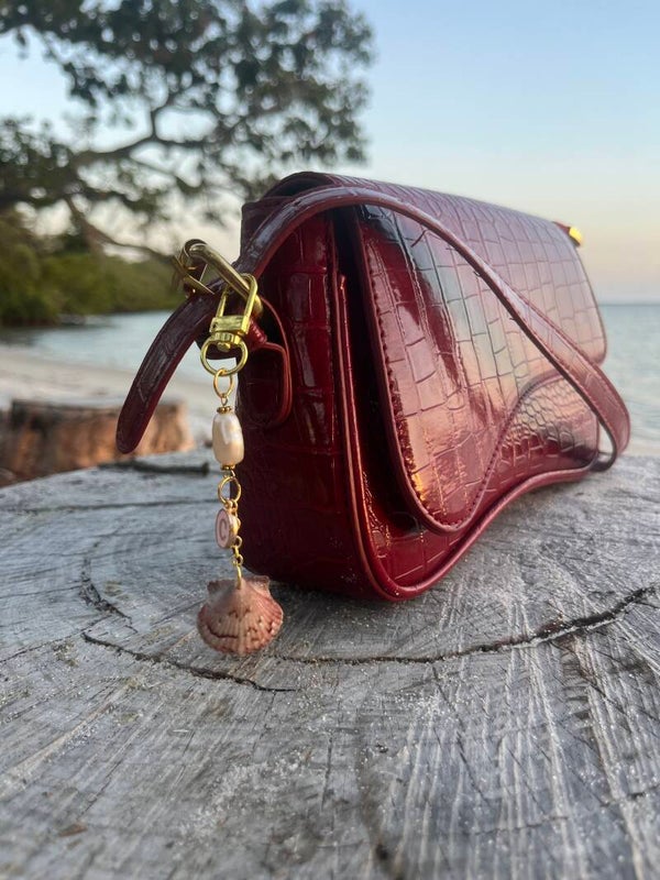 Calico scallop seashell bag charm