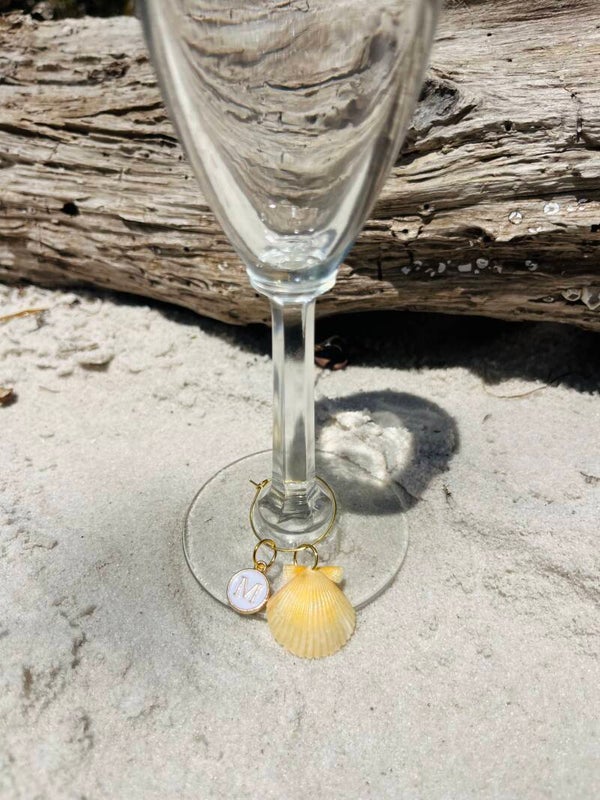 Yellow scallop seashell wine glass charm