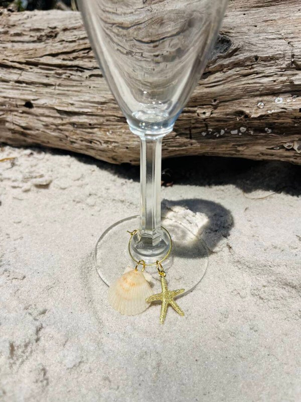 White and orange seashell wine glass charm