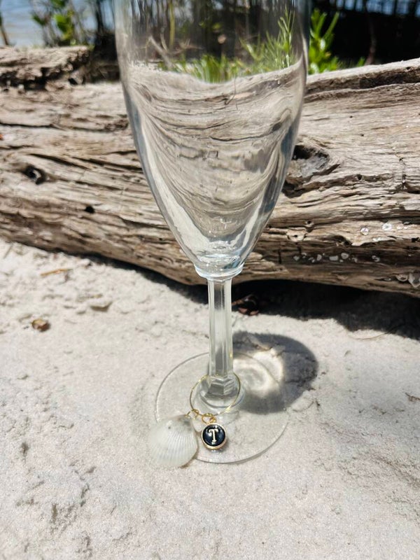 White and grey seashell wine glass charm