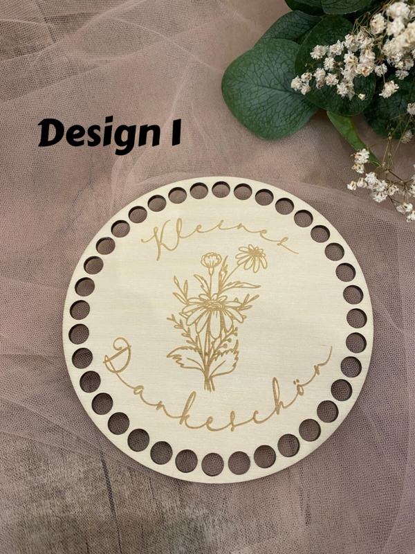 💐 Gravierter Korbboden aus Birkensperrholz – DIY Häkelboden für Bobbiny-Garn 5 mm – kleines Dankeschön