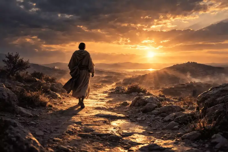 Un homme marche sur un chemin rocailleux vers une lumière à l’horizon, symbole de l’espérance chrétienne au cœur de l’épreuve.