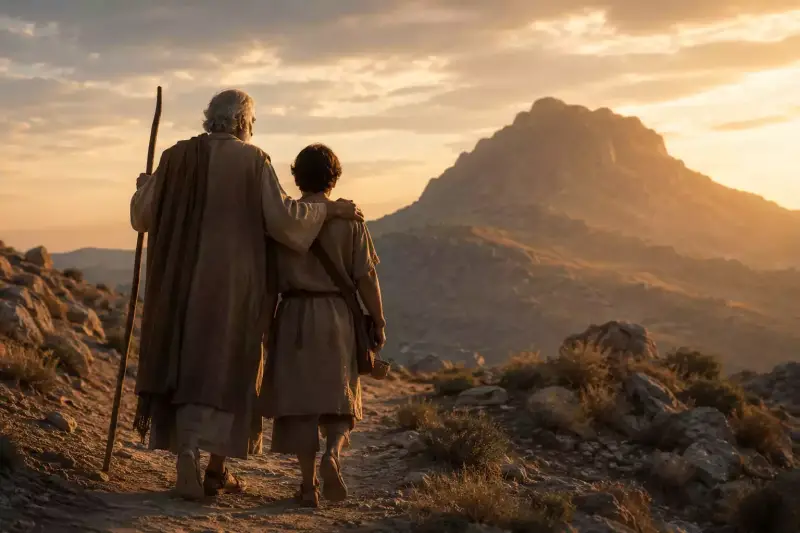 Abraham et Isaac marchant ensemble vers la montagne dans une lumière de fin de journée