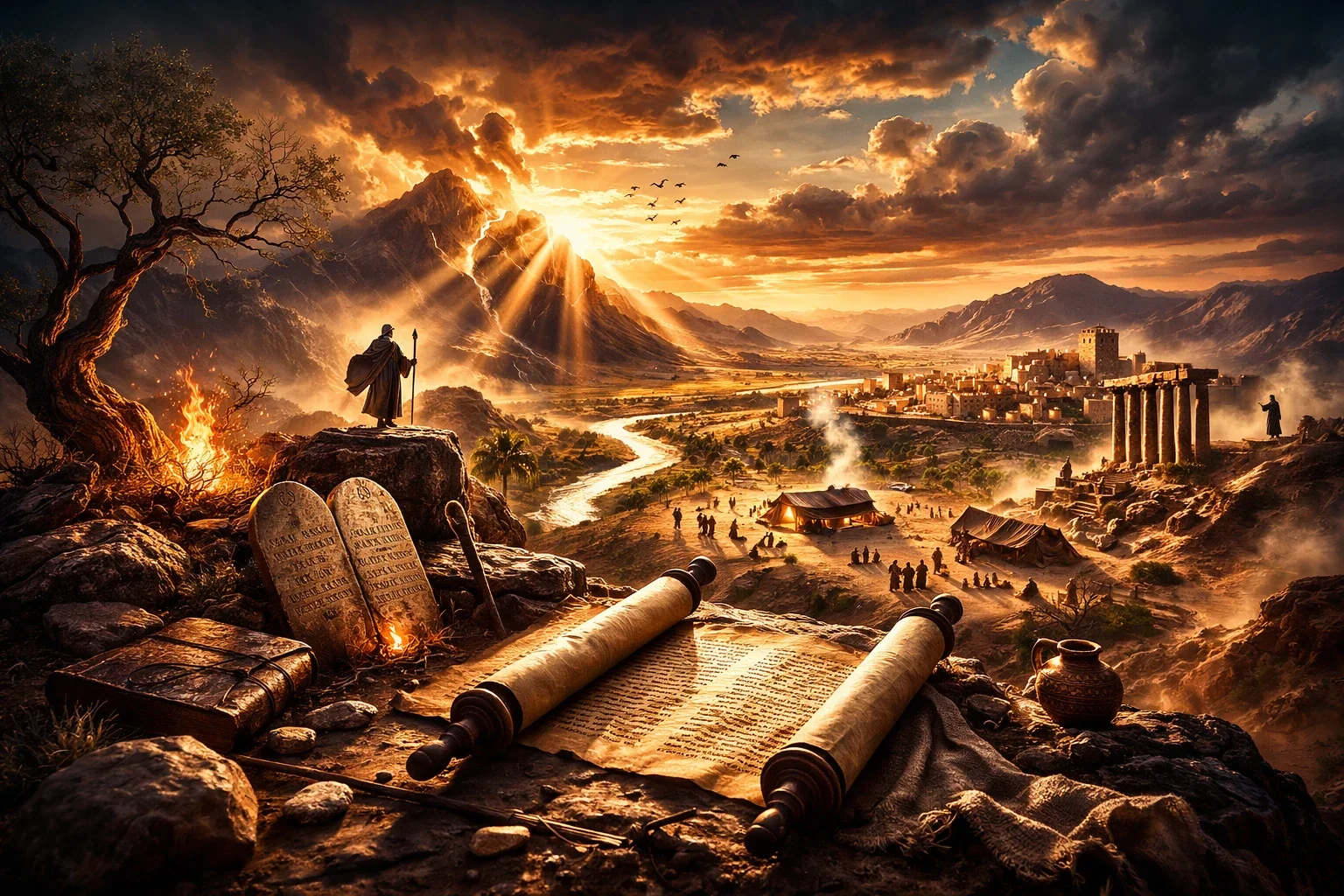 Paysage biblique évoquant l’Ancien Testament, avec Moïse, les tables de la Loi et le peuple en marche vers la Terre promise