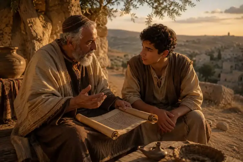 Un vieux sage d’Israël transmet son enseignement à un jeune homme dans un paysage de l’Ancien Testament, image contemplative sur la sagesse, la transmission et la relation avec Dieu.