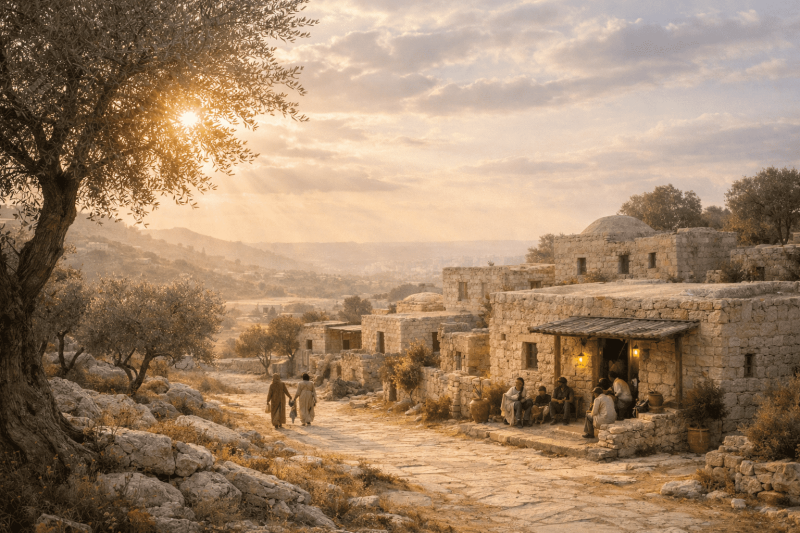 Vue du village biblique de Béthanie sous une lumière douce filtrée par le soleil, avec maisons en pierre et oliviers, évoquant l’accueil, l’amitié et la simplicité de la vie quotidienne autour du Christ.