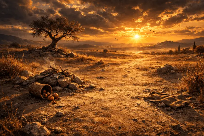 Paysage aride marqué par la violence, symbole du récit de Caïn et Abel dans la Bible